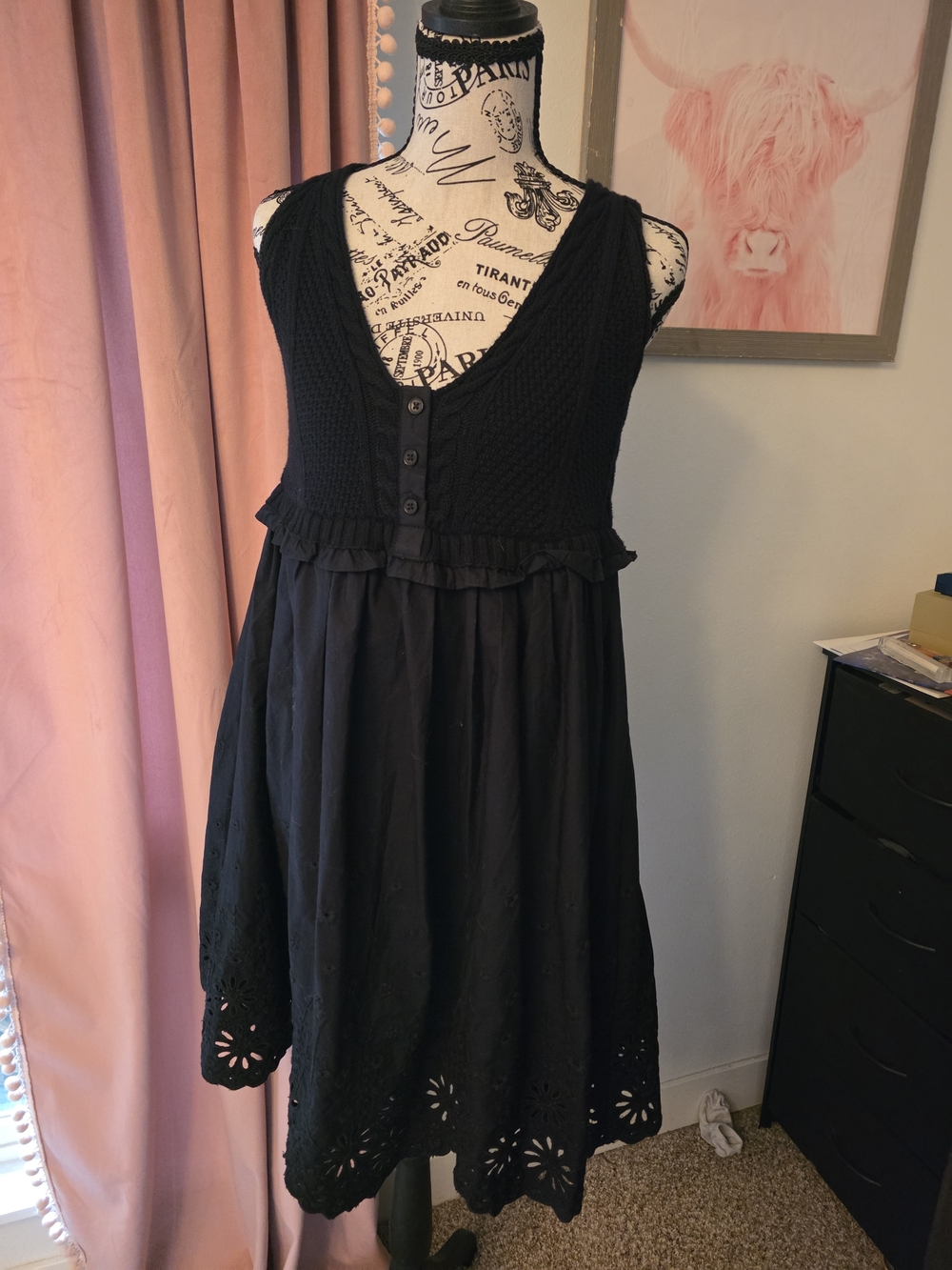 Anthropologie Black Sleeveless Button-Front Eyelet Midi Dress